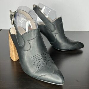 Shellys London Black Leather Western Slingback Mules Block Heels Booties‎ Sz 7.5
